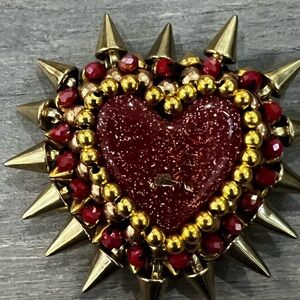 Red Spike Heart Brooch with Gold Beading